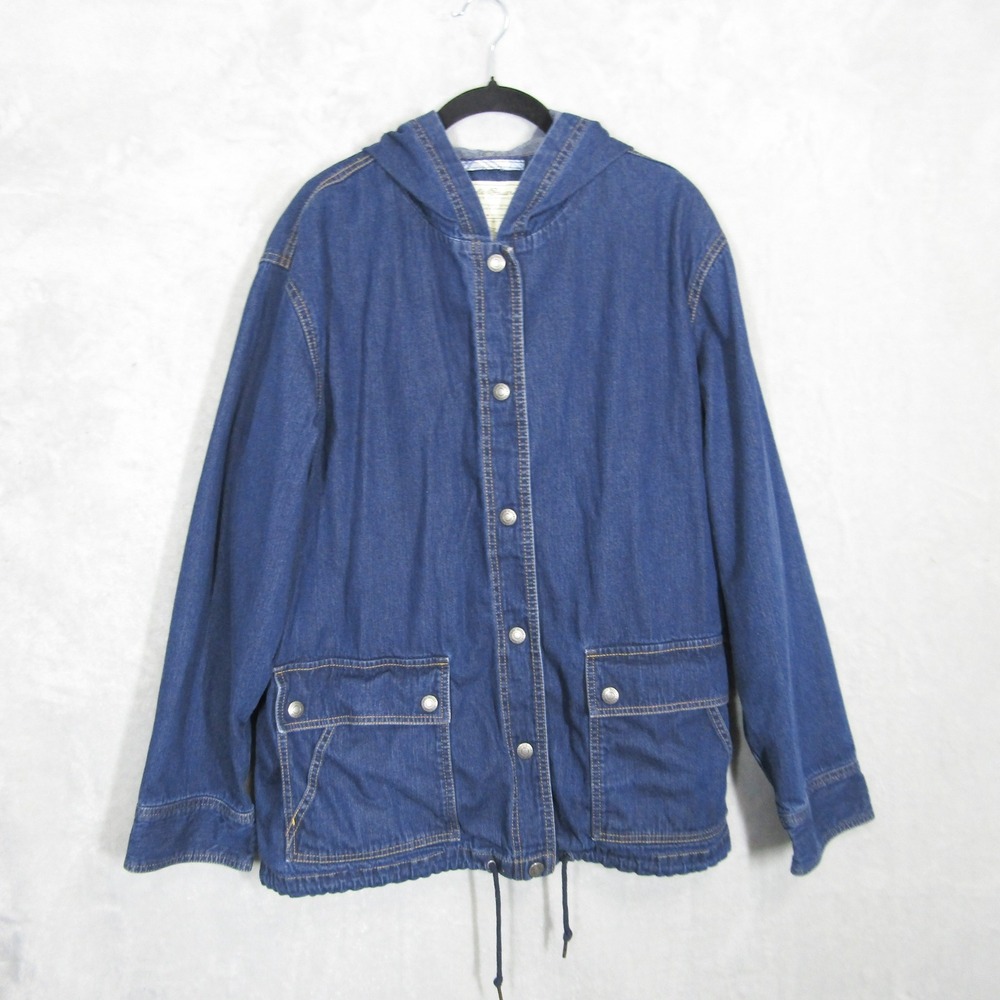 Eddie Bauer Womens XL Denim Jacket Hooded Snap Button Field Chore Barn Coat